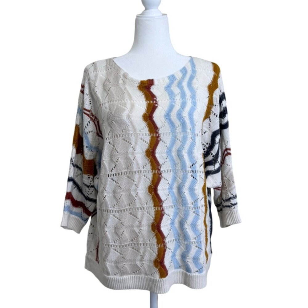 Garnet Hill Zigzag Pattern Womens Sweater 3/4 Sleeve Linen Cotton Blend Size M